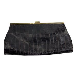 Jessica Mcclintock Womens Clutch Handbag Black Crocodile Embossed Pocket Clasp S